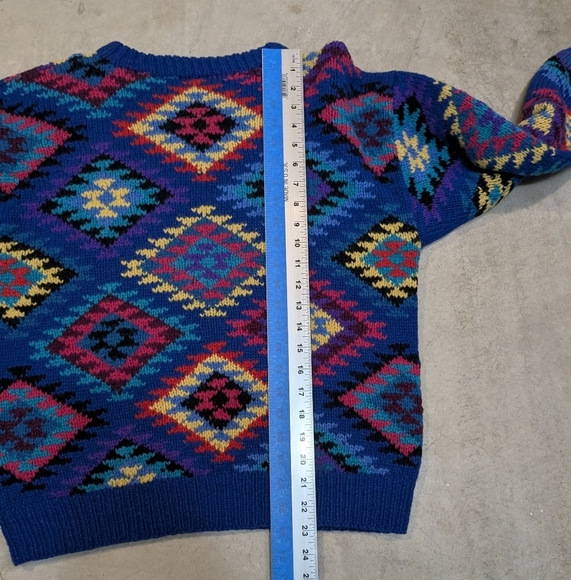 VTG 90s Nordstrom Hand Knit Wool Sweater Men's M Aztec Pattern Blue - Picture 4 of 5